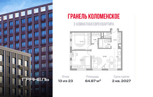 Планировка трехкомнатной(квартира) площадью 64.87 квадратных метров в “ЖК Гранель Коломенское”