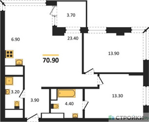 Планировка двухкомнатной(квартира) площадью 70.2 квадратных метров в ЖК “ЖК VERY на Миклухо-Маклая (Вери на Миклухо-Маклая)”