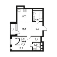 Планировка двухкомнатной(квартира) площадью 47.7 квадратных метров в “Новые Ватутинки. Заречный”