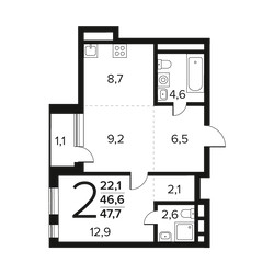 Планировка двухкомнатной(квартира) площадью 47.7 квадратных метров в ЖК “Новые Ватутинки. Заречный”