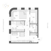 Планировка двухкомнатной(апартаменты) площадью 50.4 квадратных метров в “ЖК ARTEL (Артель)”