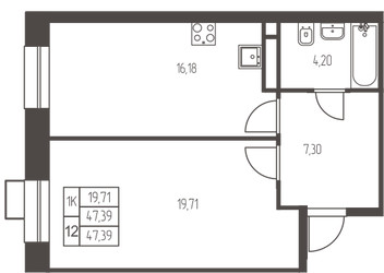 Планировка однокомнатной(квартира) площадью 47.4 квадратных метров в ЖК “ЖК Новая Ивантеевка”