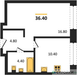 Планировка однокомнатной(квартира) площадью 36.4 квадратных метров в ЖК “ЖК Архитектурный проект RAKURS (Ракурс)”