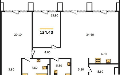 Планировка двухкомнатной(квартира) площадью 134.4 квадратных метров в ЖК “ЖК OPUS (Опус)”