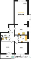 Планировка трехкомнатной(квартира) площадью 64.4 квадратных метров в “ЖК ЮЖНАЯ БИТЦА”