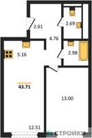Планировка однокомнатной(квартира) площадью 43.71 квадратных метров в “ЖК Квартал Авиаторов”