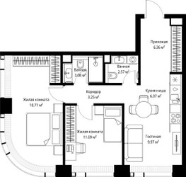 Планировка двухкомнатной(квартира) площадью 61.4 квадратных метров в ЖК “ЖК Веер”