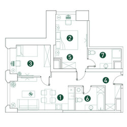 Планировка трехкомнатной(квартира) площадью 65.5 квадратных метров в ЖК “ЖК Вэри на Ботанической”