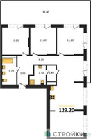 Планировка трехкомнатной(квартира) площадью 129.2 квадратных метров в “ЖК Первый квартал”