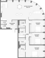 Планировка 4+ комнатной(апартаменты) площадью 223.3 квадратных метров в “ЖК Sky View (Скай Вью)”