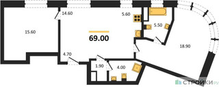 Планировка двухкомнатной(квартира) площадью 72.2 квадратных метров в “ЖК Родина Переделкино”