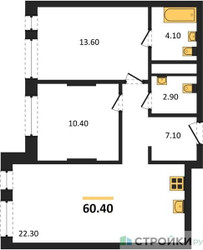 Планировка двухкомнатной(квартира) площадью 60.4 квадратных метров в ЖК “ЖК Первый Московский”