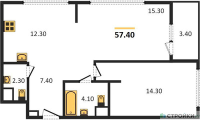 Планировка однокомнатной(квартира) площадью 57.4 квадратных метров в ЖК “ЖК Sydney City (Сидней Сити)”