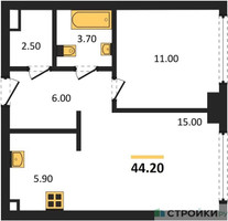 Планировка однокомнатной(квартира) площадью 44 квадратных метров в “Жилой район Alia (Алиа)”