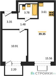 Планировка однокомнатной(квартира) площадью 39.35 квадратных метров в ЖК “ЖК Богдановский Лес”