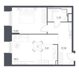 Планировка однокомнатной(апартаменты) площадью 56.49 квадратных метров в ЖК “ЖК Скай Спутник”
