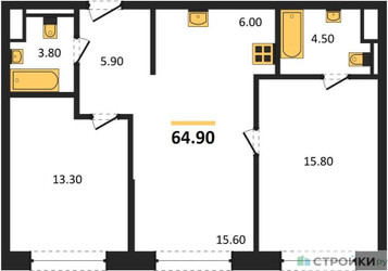 Планировка двухкомнатной(квартира) площадью 64.9 квадратных метров в “ЖК Sokolniki (Сокольники)”