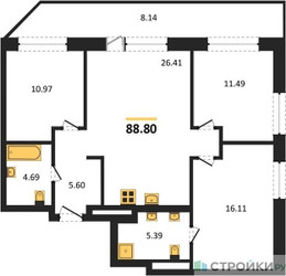 Планировка трехкомнатной(квартира) площадью 88.8 квадратных метров в “ЖК Forst (Форст)”