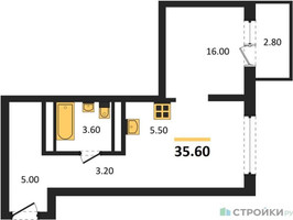 Планировка студии(квартира) площадью 35.6 квадратных метров в “ЖК Бестселлер”