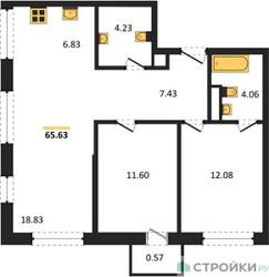Планировка двухкомнатной(квартира) площадью 64.8 квадратных метров в ЖК “ЖК Self (Селф)”