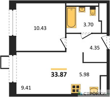 Планировка однокомнатной(квартира) площадью 33.87 квадратных метров в “ЖК Пригород Лесное”