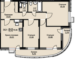 Планировка трехкомнатной(квартира) площадью 75.2 квадратных метров в “ЖК Соболевка”