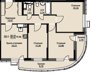Планировка трехкомнатной(квартира) площадью 75.2 квадратных метров в ЖК “ЖК Соболевка”