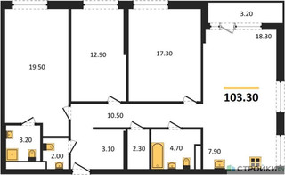 Планировка трехкомнатной(квартира) площадью 103.3 квадратных метров в “ЖК Дом на Зорге”