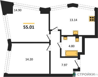 Планировка двухкомнатной(квартира) площадью 55.01 квадратных метров в ЖК “UNO Горбунова”