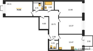 Планировка трехкомнатной(квартира) площадью 78.86 квадратных метров в “ЖК Алхимово”