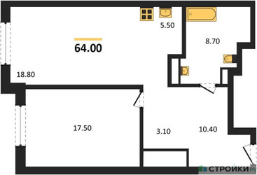 Планировка однокомнатной(квартира) площадью 64 квадратных метров в ЖК “ЖК Крылатская 33”
