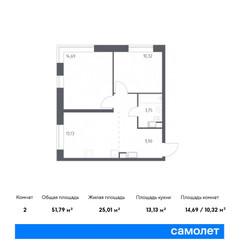 Планировка двухкомнатной(квартира) площадью 51.79 квадратных метров в ЖК “ЖК Цветочные Поляны”