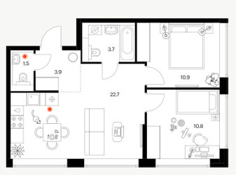 Планировка двухкомнатной(квартира) площадью 53.5 квадратных метров в ЖК “ЖК Бусиновский парк”