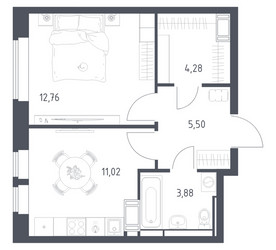 Планировка однокомнатной(квартира) площадью 37.44 квадратных метров в ЖК “ЖК Большое Путилково”