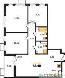 Планировка трехкомнатной(квартира) площадью 78.4 квадратных метров в ЖК “ЖК Скандинавия”