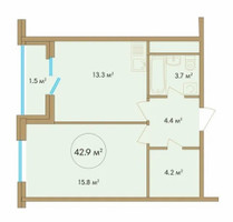 Планировка однокомнатной(квартира) площадью 42.9 квадратных метров в “ЖК ОМ”