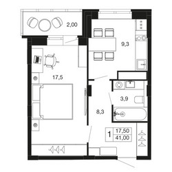 Планировка однокомнатной(квартира) площадью 41 квадратных метров в ЖК “ЖК Времена года”