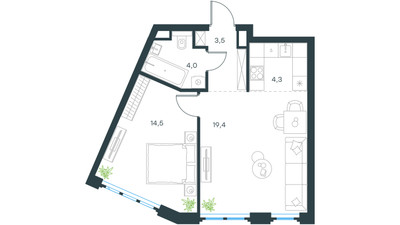 Планировка двухкомнатной(квартира) площадью 45.7 квадратных метров в ЖК “ЖК Левел Южнопортовая”