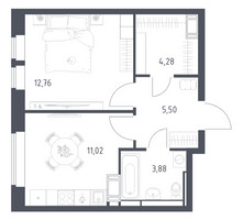 Планировка однокомнатной(квартира) площадью 37.44 квадратных метров в “ЖК Большое Путилково”