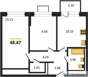 Планировка двухкомнатной(квартира) площадью 48.47 квадратных метров в ЖК “ЖК Богдановский Лес”