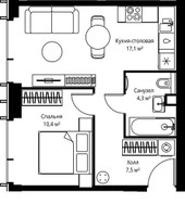 Планировка однокомнатной(квартира) площадью 39.3 квадратных метров в “ЖК Веер”