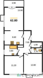 Планировка трехкомнатной(квартира) площадью 62.8 квадратных метров в ЖК “ЖК 1-й Ленинградский (Первый Ленинградский)”
