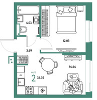 Планировка двухкомнатной(квартира) площадью 34.39 квадратных метров в “ЖК Страна.Парковая”