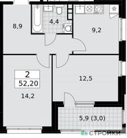 Планировка двухкомнатной(квартира) площадью 52.2 квадратных метров в “ЖК Дзен-кварталы”