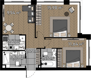 Планировка двухкомнатной(квартира) площадью 57 квадратных метров в ЖК “ЖК Квартал Серебряный бор”