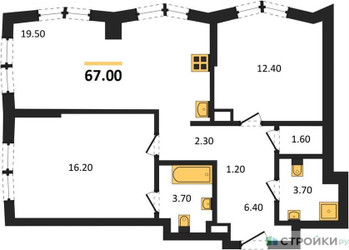 Планировка двухкомнатной(квартира) площадью 67 квадратных метров в ЖК “Акценты”