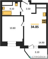Планировка однокомнатной(квартира) площадью 34.85 квадратных метров в “ЖК ВОСТОК II”