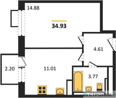 Планировка однокомнатной(квартира) площадью 34.93 квадратных метров в “ЖК Пятницкие луга”