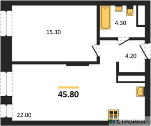 Планировка однокомнатной(квартира) площадью 45.8 квадратных метров в ЖК “ЖК Первый Московский”