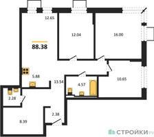 Планировка трехкомнатной(квартира) площадью 88.38 квадратных метров в “ЖК Егорово Парк”